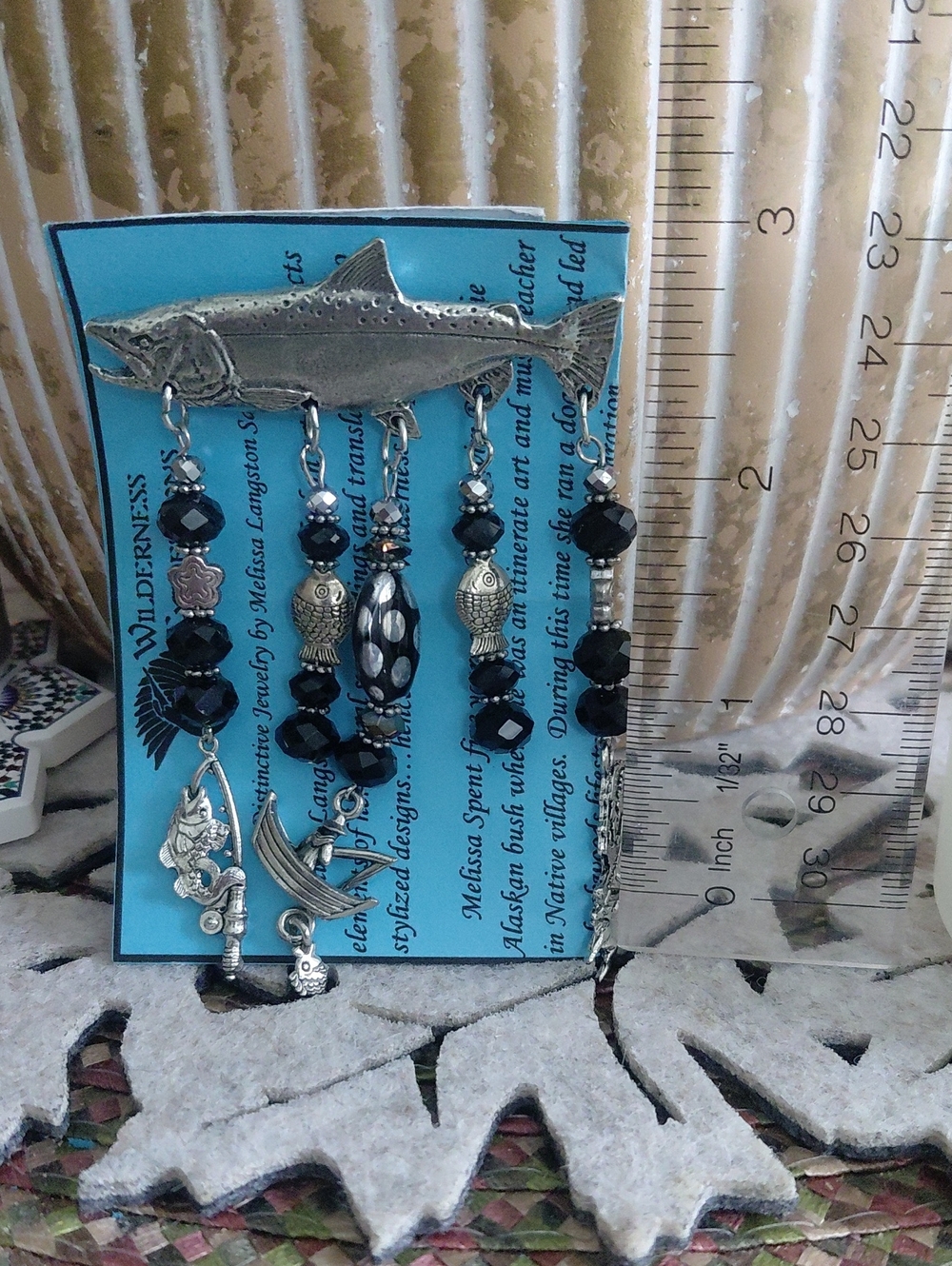 Melissa Silver Fish Multi-Charm Black Bead Jacket Pin